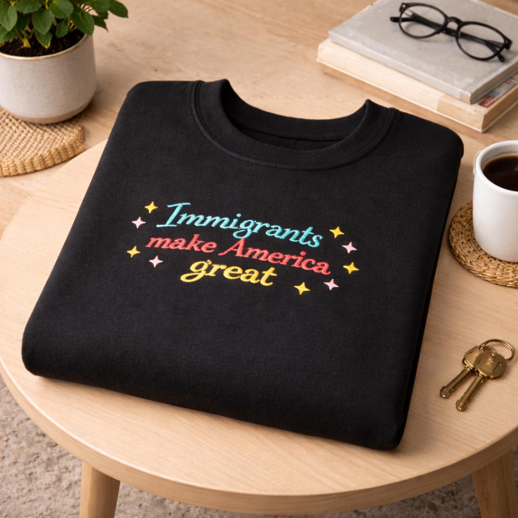 Immigrants Make America Great Embroidered Sweater, Anti Racism Equal Rights Sweater, Anti Trump Shirt, Anti ICE Shirt,  Social Justice Tee