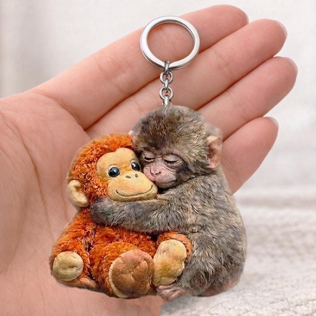 Viral Punch Monkey 2D Wooden Keychain, Cute Baby Monkey with Plush Toy Gift, Gift for Animal Lovers, Baby Monkey Punch, Baby Punch Gifts