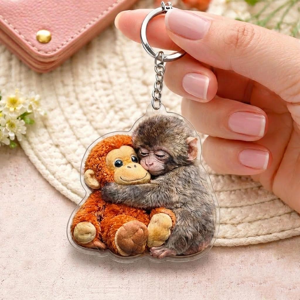 Viral Punch Monkey 2D Wooden Keychain, Cute Baby Monkey with Plush Toy Gift, Gift for Animal Lovers, Baby Monkey Punch, Baby Punch Gifts