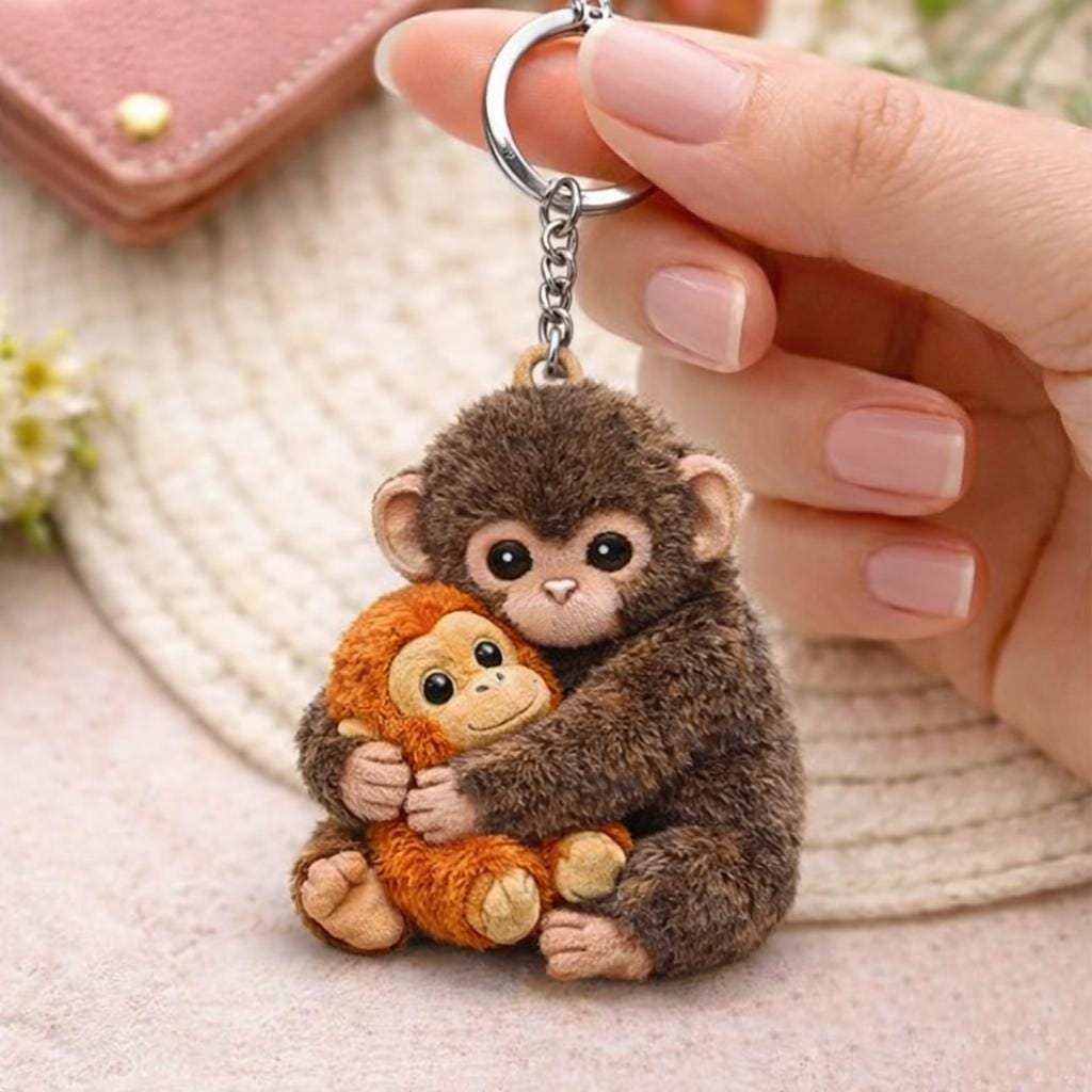 Viral Punch Monkey Wooden Keychain, Cute Baby Monkey with Plush Toy Gift, Gift for Animal Lovers, Baby Monkey Punch, Baby Punch Gifts