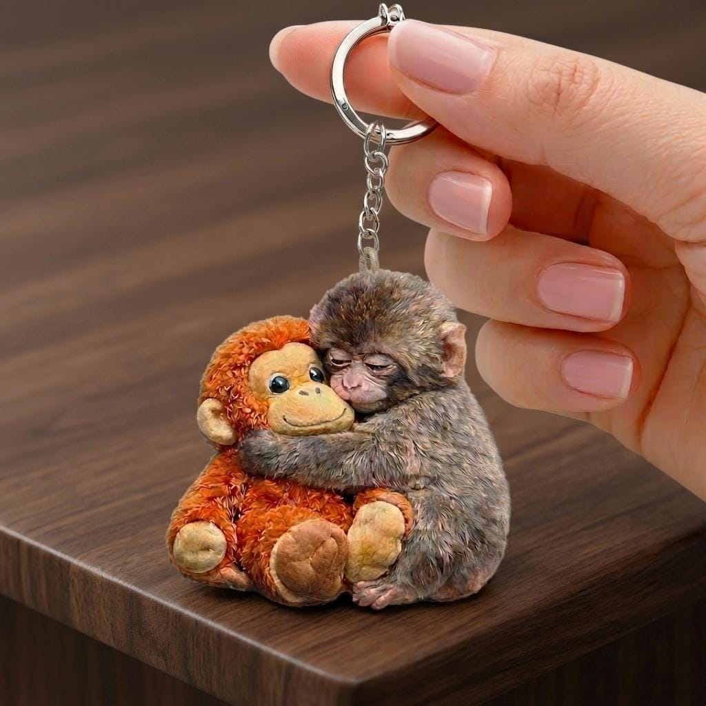 Viral Punch Monkey 2D Wooden Keychain, Cute Baby Monkey with Plush Toy Gift, Gift for Animal Lovers, Baby Monkey Punch, Baby Punch Gifts