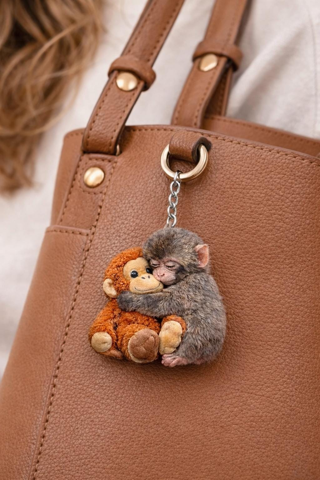 Viral Punch Monkey 2D Wooden Keychain, Cute Baby Monkey with Plush Toy Gift, Gift for Animal Lovers, Baby Monkey Punch, Baby Punch Gifts