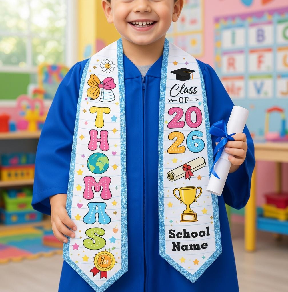 Custom Name Kid Graduation Stole, Grad Gift for Kids, Class of 2026 Kindergarten Stole, Kids Graduation Sash, Preschool Graduation Stole
