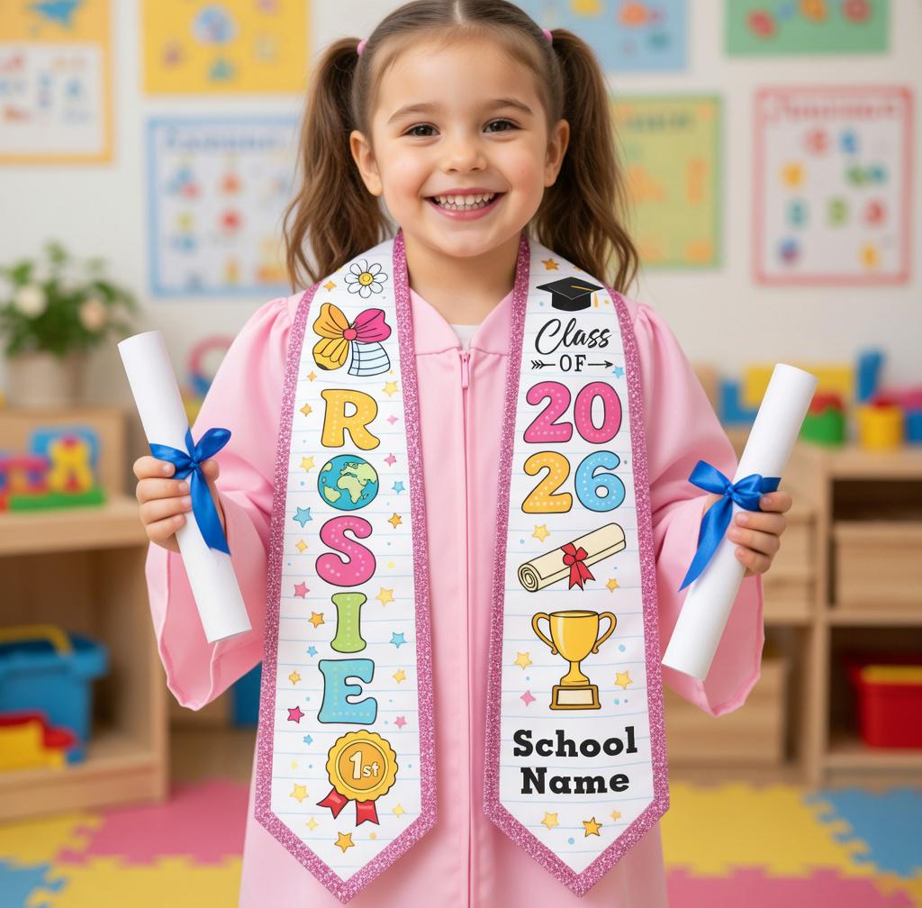 Custom Name Kid Graduation Stole, Grad Gift for Kids, Class of 2026 Kindergarten Stole, Kids Graduation Sash, Preschool Graduation Stole