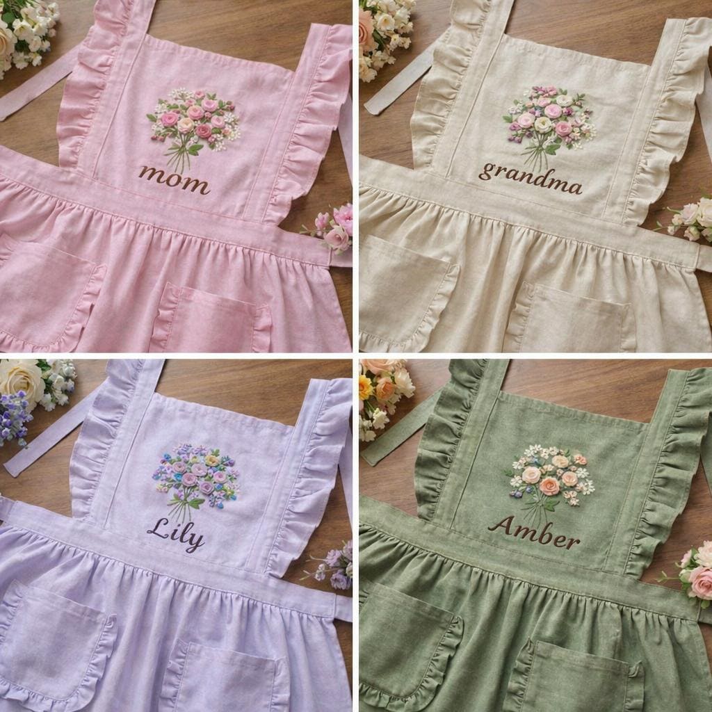 Personalized Hand Embroiered Apron For Her, Floral Linen Apron, Custom Name Gifts For Mom, Mother's Day Gifts, Cooking Gifts For Her