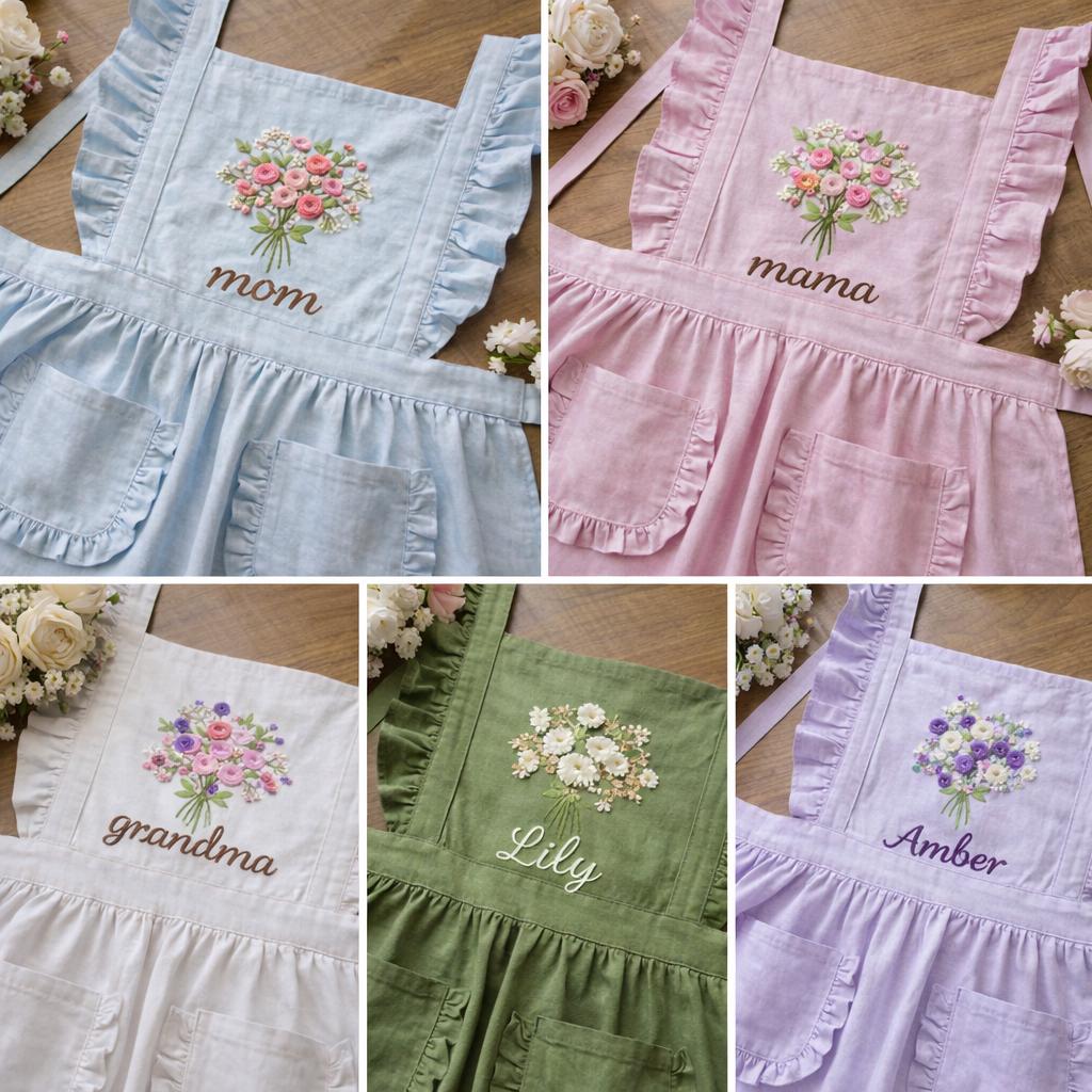Personalized Hand Embroiered Apron For Her, Floral Linen Apron, Custom Name Gifts For Mom, Mother's Day Gifts, Apron For Grandma, Mother