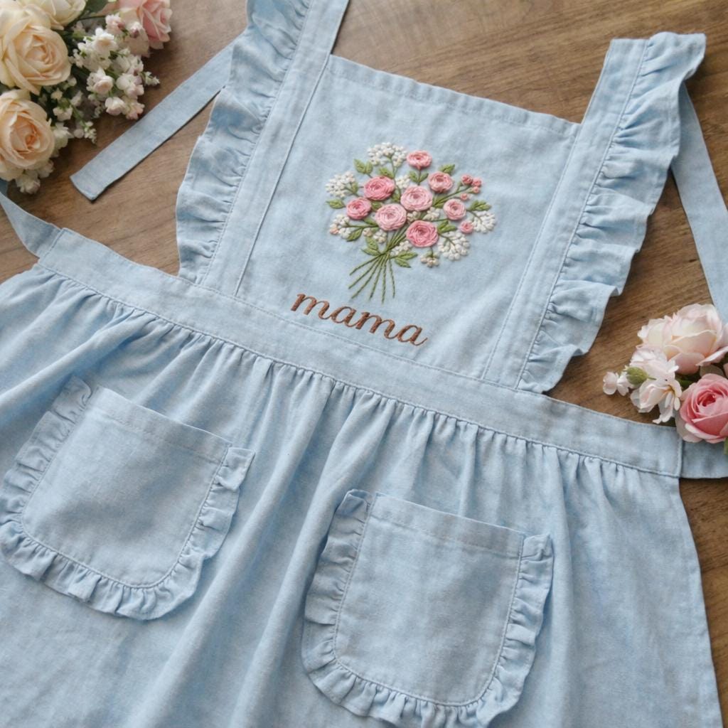 Personalized Hand Embroiered Apron For Her, Floral Linen Apron, Custom Name Gifts For Mom, Mother's Day Gifts, Apron For Grandma, Mother
