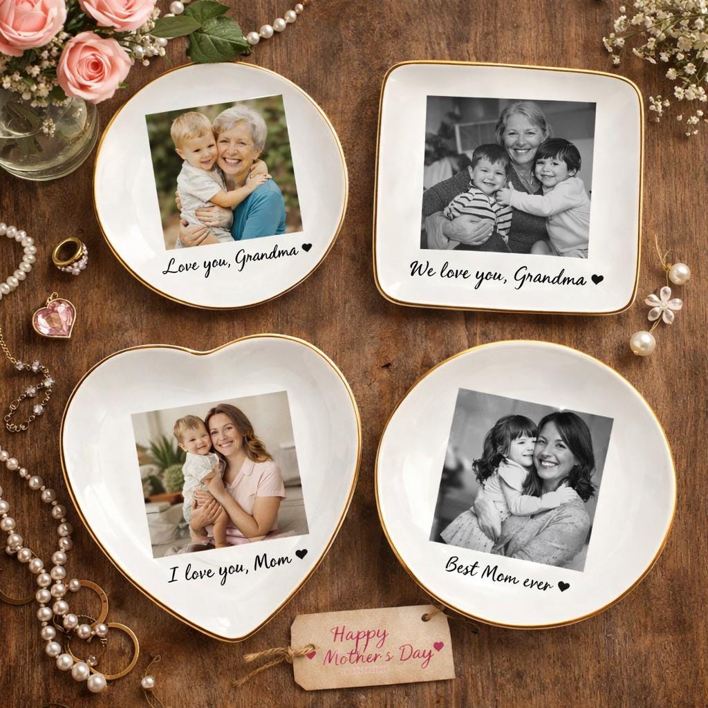 Personalized Mom Photo Jewelry Dish, Ceramic Trinket Tray Gift for Mom, Thank You Grandma, Birthday Ring Dish Gift, Mom Gift from Daughter