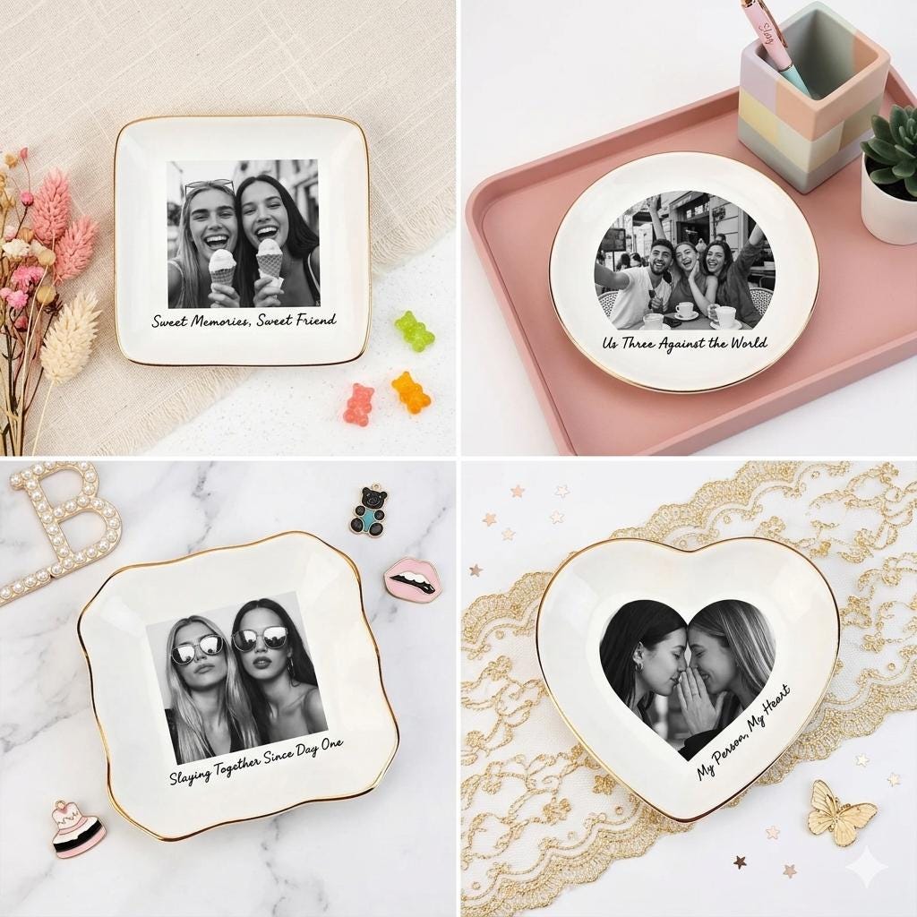 Personalised Bestie Photo Trinket Dish, Custom Jewelry Ring Dish, Bridesmaid Proposal, Ceramic Trinket Tray for Best Friend, Wedding Gift