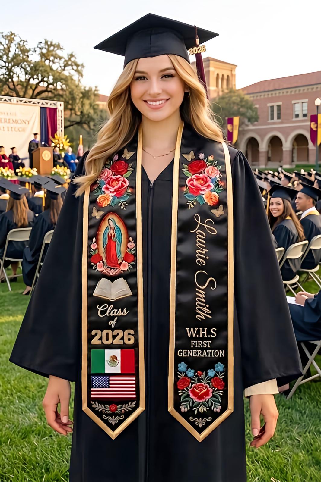 Mexico Graduation Stole Class of 2026, Virgin Mary Graduation Sash, Flower Pattern Stole, Custom Name School Sash Senior Graduation Gift