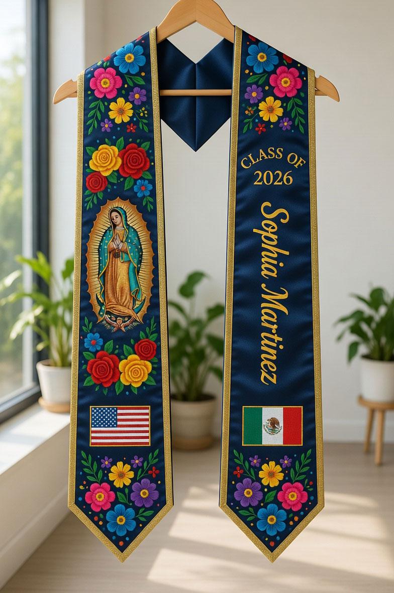 Mexico Graduation Stole Class of 2026, Virgin Mary Graduation Sash, Flower Pattern Stole, Custom Name School Sash Senior Graduation Gifts