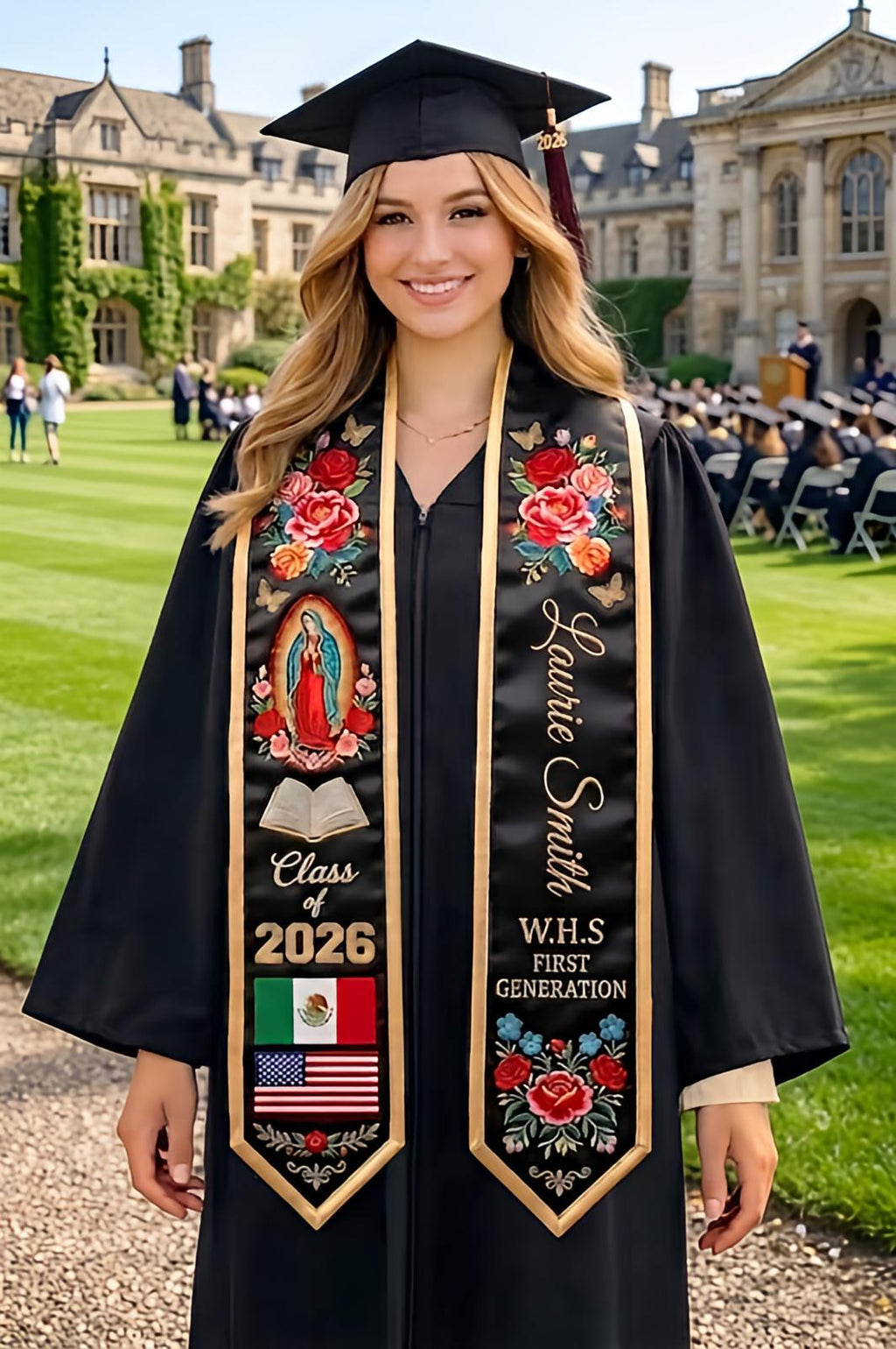 Mexico Graduation Stole Class of 2026, Virgin Mary Graduation Sash, Flower Pattern Stole, Custom Name School Sash Senior Graduation Gift