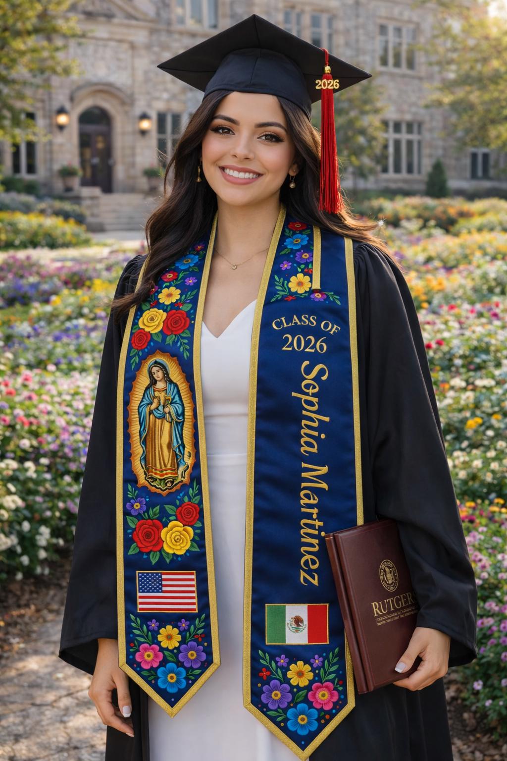 Mexico Graduation Stole Class of 2026, Virgin Mary Graduation Sash, Flower Pattern Stole, Custom Name School Sash Senior Graduation Gifts